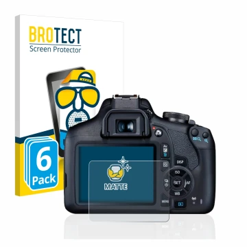 Front side of a product packaging with the brand logo BROTECT. Next to it is the device Canon EOS 2000D shown with the corresp