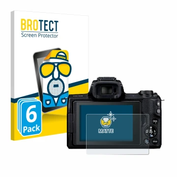 Front side of a product packaging with the brand logo BROTECT. Next to it is the device Canon EOS M50 shown with the correspon