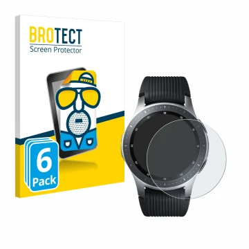 Front side of a product packaging with the brand logo BROTECT. Next to it is the device Samsung Galaxy Watch (46 mm) shown wit