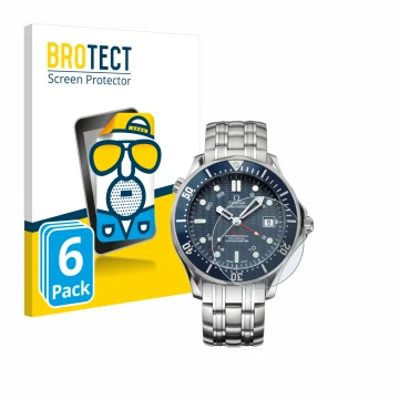 Front side of a product packaging with the brand logo BROTECT. Next to it is the device Omega Seamaster Diver (41 mm) shown wi