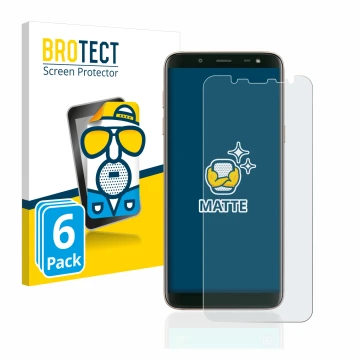 Front side of a product packaging with the brand logo BROTECT. Next to it is the device Samsung Galaxy J6 2018 shown with the 