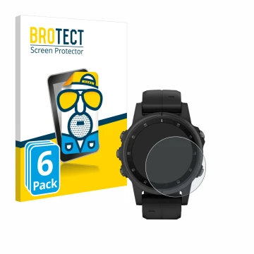 Front side of a product packaging with the brand logo BROTECT. Next to it is the device Garmin Fenix 5S Plus (42 mm) shown wit