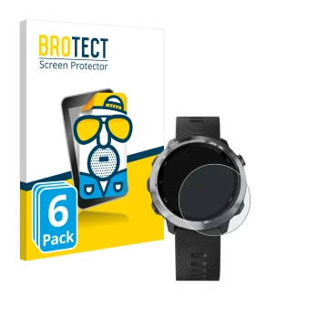 Front side of a product packaging with the brand logo BROTECT. Next to it is the device Garmin Forerunner 645 Music shown with