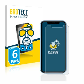 Front side of a product packaging with the brand logo BROTECT. Next to it is the device Apple iPhone XR shown with the corresp