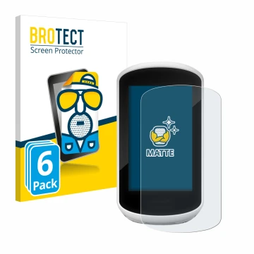 Front side of a product packaging with the brand logo BROTECT. Next to it is the device Garmin Edge Explore 2018 shown with th