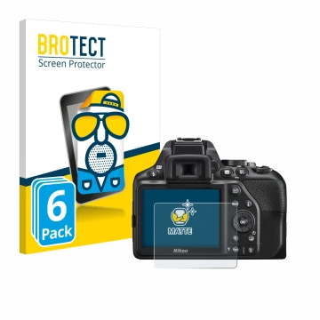 Front side of a product packaging with the brand logo BROTECT. Next to it is the device Nikon D3500 shown with the correspondi