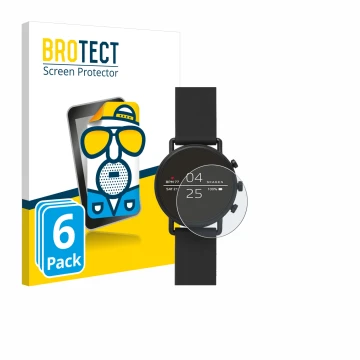Front side of a product packaging with the brand logo BROTECT. Next to it is the device Skagen Smartwatch Falster 2 shown with