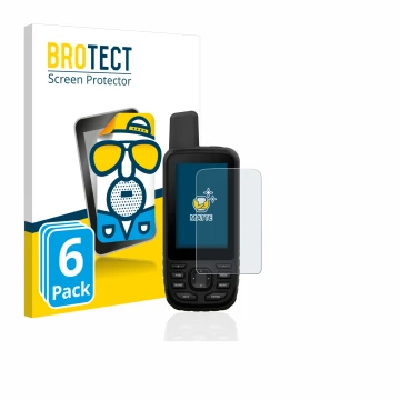 Front side of a product packaging with the brand logo BROTECT. Next to it is the device Garmin GPSMAP 66s shown with the corre