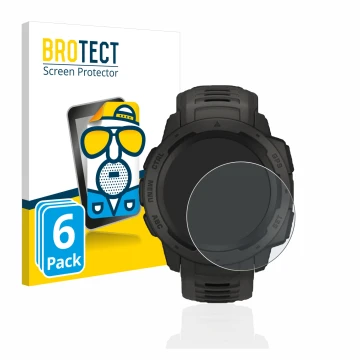 Front side of a product packaging with the brand logo BROTECT. Next to it is the device Garmin Instinct shown with the corresp