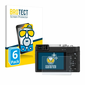 Front side of a product packaging with the brand logo BROTECT. Next to it is the device Panasonic Lumix DC-TZ96 shown with the