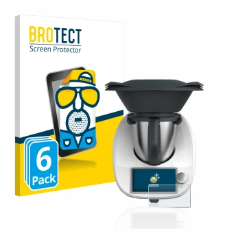 Front side of a product packaging with the brand logo BROTECT. Next to it is the device Vorwerk Thermomix TM6 shown with the c