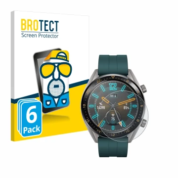 Front side of a product packaging with the brand logo BROTECT. Next to it is the device Huawei Watch GT Active shown with the 