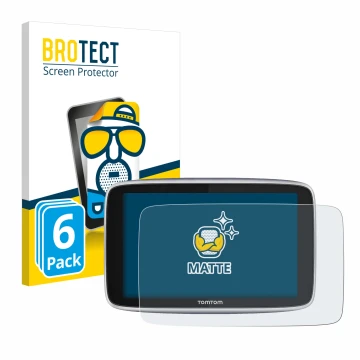 Front side of a product packaging with the brand logo BROTECT. Next to it is the device TomTom GO Premium X shown with the cor