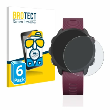 Front side of a product packaging with the brand logo BROTECT. Next to it is the device Garmin Forerunner 245 shown with the c