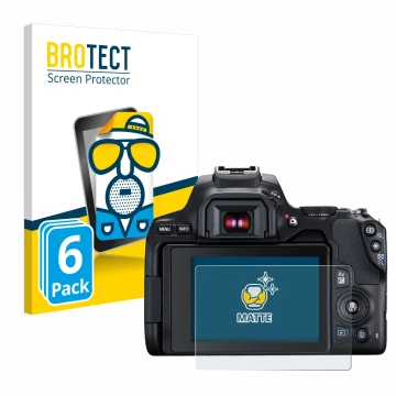 Front side of a product packaging with the brand logo BROTECT. Next to it is the device Canon EOS 250D shown with the correspo