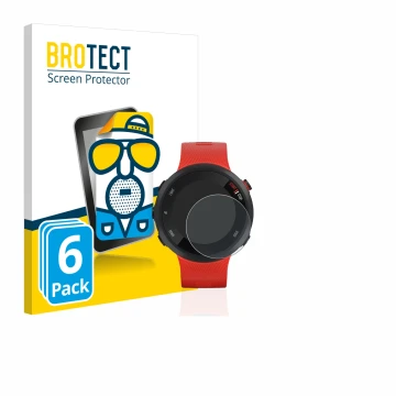 Front side of a product packaging with the brand logo BROTECT. Next to it is the device Garmin Forerunner 45 shown with the co