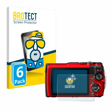 Front side of a product packaging with the brand logo BROTECT. Next to it is the device Olympus Tough TG-6 shown with the corr