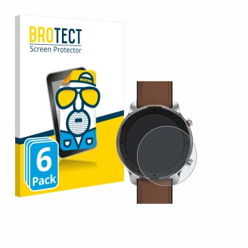 Front side of a product packaging with the brand logo BROTECT. Next to it is the device Huami Amazfit GTR (47 mm) shown with t