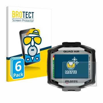 Front side of a product packaging with the brand logo BROTECT. Next to it is the device Mares Quad Air shown with the correspo