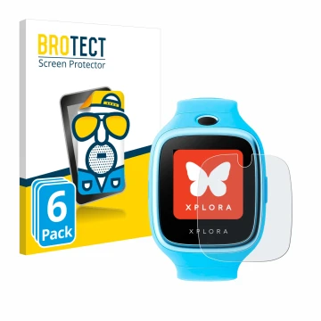 Front side of a product packaging with the brand logo BROTECT. Next to it is the device Xplora Go shown with the corresponding