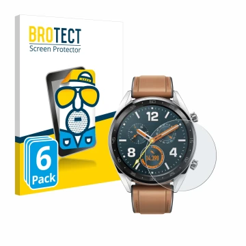 Front side of a product packaging with the brand logo BROTECT. Next to it is the device Huawei Watch GT Classic shown with the