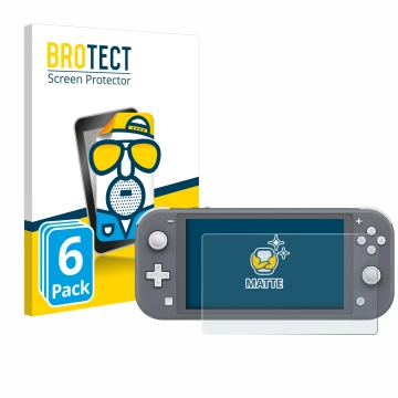 Front side of a product packaging with the brand logo BROTECT. Next to it is the device Nintendo Switch Lite shown with the co
