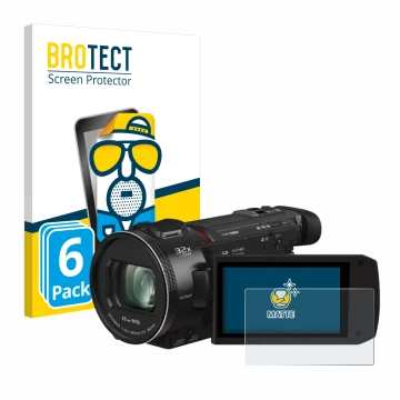 Front side of a product packaging with the brand logo BROTECT. Next to it is the device Panasonic HC-VXF11 shown with the corr