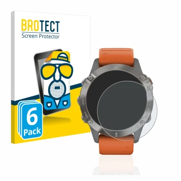 Front side of a product packaging with the brand logo BROTECT. Next to it is the device Garmin Fenix 6 Pro shown with the corr