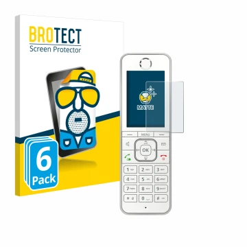 Front side of a product packaging with the brand logo BROTECT. Next to it is the device AVM Fritz!Fon C6 shown with the corres