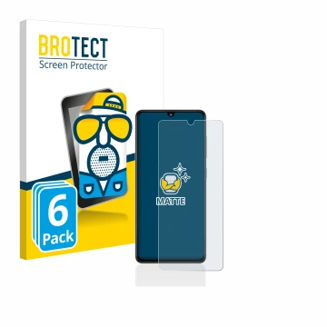 Front side of a product packaging with the brand logo BROTECT. Next to it is the device Samsung Galaxy A41 shown with the corr