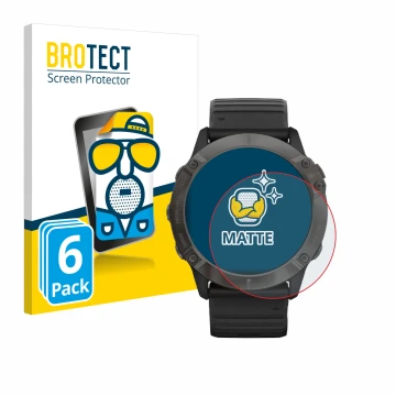 Front side of a product packaging with the brand logo BROTECT. Next to it is the device Garmin Fenix 6X Pro Solar shown with t