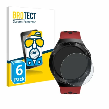 Front side of a product packaging with the brand logo BROTECT. Next to it is the device Huawei Watch GT 2e shown with the corr