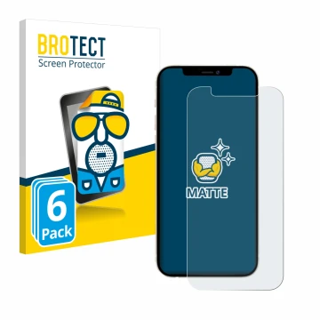 Front side of a product packaging with the brand logo BROTECT. Next to it is the device Apple iPhone 12 Pro shown with the cor