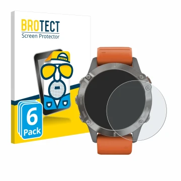 Front side of a product packaging with the brand logo BROTECT. Next to it is the device Garmin Fenix 6 Pro Solar shown with th