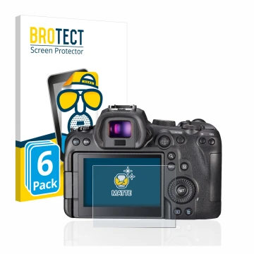 Front side of a product packaging with the brand logo BROTECT. Next to it is the device Canon EOS R6 shown with the correspond