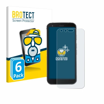 Front side of a product packaging with the brand logo BROTECT. Next to it is the device Caterpillar Cat S62 Pro shown with the