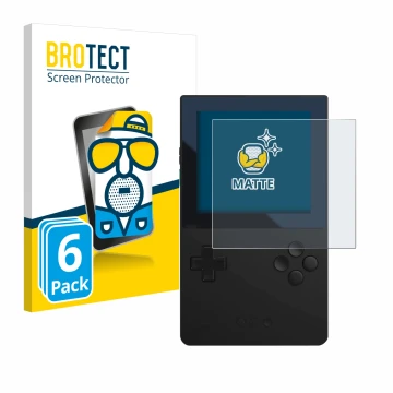 Front side of a product packaging with the brand logo BROTECT. Next to it is the device Analogue Pocket shown with the corresp
