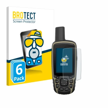 Front side of a product packaging with the brand logo BROTECT. Next to it is the device Garmin GPSMAP 65s shown with the corre