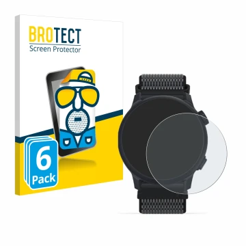 Front side of a product packaging with the brand logo BROTECT. Next to it is the device Coros Pace 2 shown with the correspond