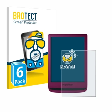 Front side of a product packaging with the brand logo BROTECT. Next to it is the device PocketBook Touch Lux 5 shown with the 