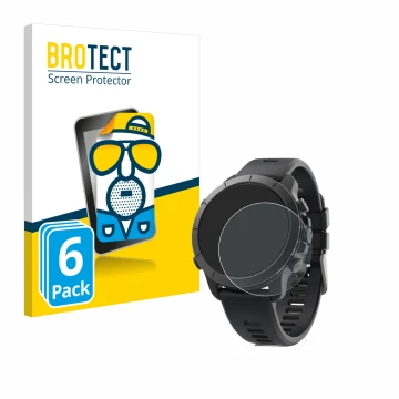 Front side of a product packaging with the brand logo BROTECT. Next to it is the device Wahoo Elemnt Rival shown with the corr