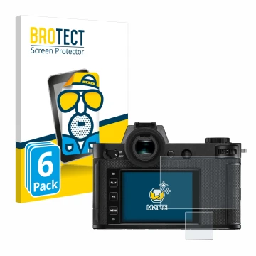 Front side of a product packaging with the brand logo BROTECT. Next to it is the device Leica SL2-S shown with the correspondi