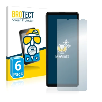 Front side of a product packaging with the brand logo BROTECT. Next to it is the device Sony Xperia 10 III shown with the corr