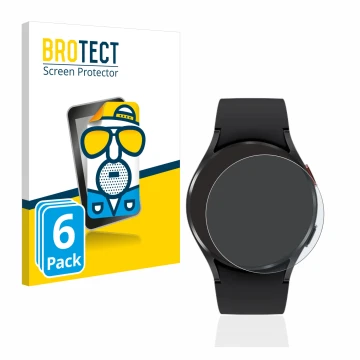 Front side of a product packaging with the brand logo BROTECT. Next to it is the device Samsung Galaxy Watch 4 (40mm) shown wi