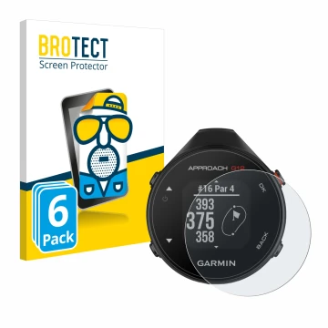 Front side of a product packaging with the brand logo BROTECT. Next to it is the device Garmin Approach G12 shown with the cor