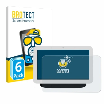 Front side of a product packaging with the brand logo BROTECT. Next to it is the device Google Nest Hub 2 shown with the corre