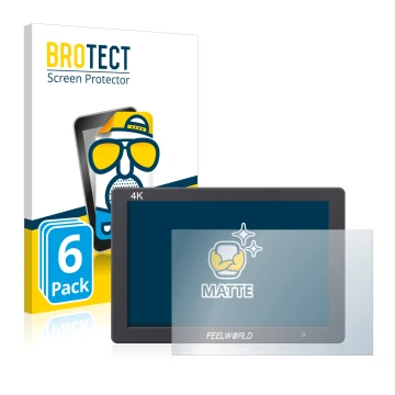 Front side of a product packaging with the brand logo BROTECT. Next to it is the device Feelworld FW279 7