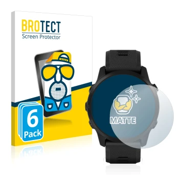Front side of a product packaging with the brand logo BROTECT. Next to it is the device Garmin Forerunner 945 LTE shown with t