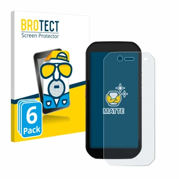 Front side of a product packaging with the brand logo BROTECT. Next to it is the device Caterpillar Cat S42 H+ shown with the 