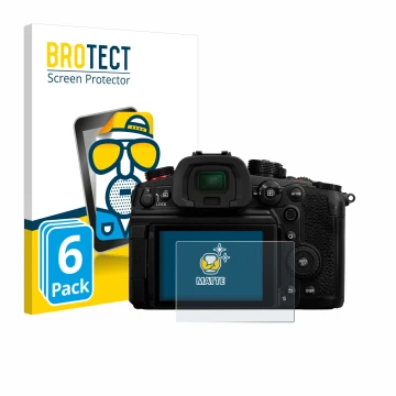 Front side of a product packaging with the brand logo BROTECT. Next to it is the device Panasonic Lumix DC-GH6 shown with the 